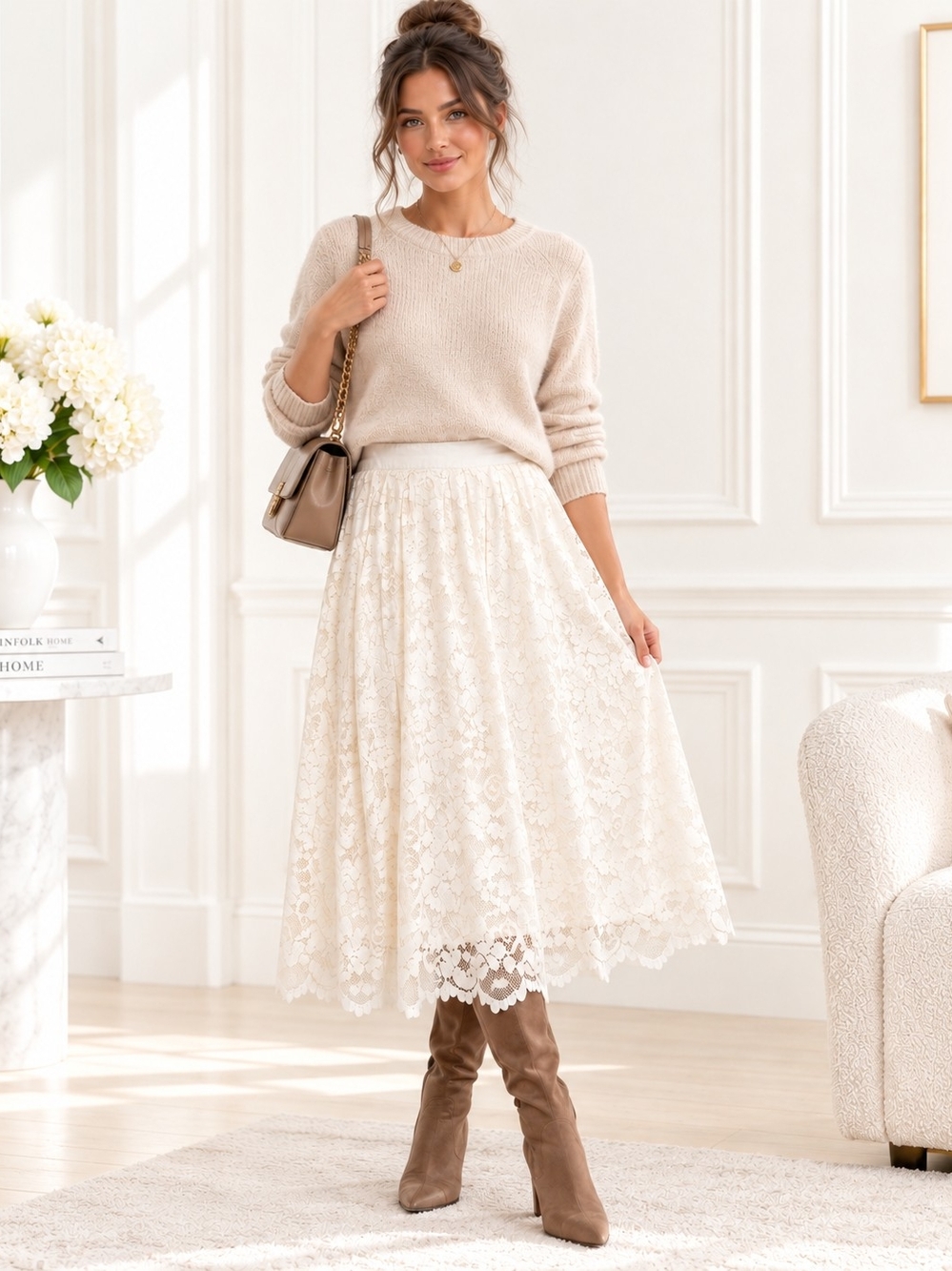 Forever 21 Ivory Floral Lace Midi Skirt Romantic Feminine | Size Large